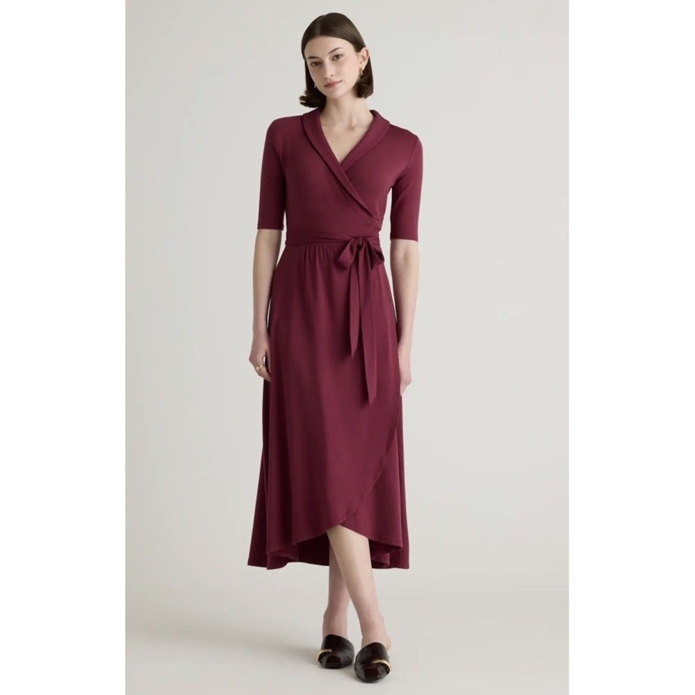NWT QUINCE Tencel Jersey Midi Wrap Dress Wine Stretch Size LARGE